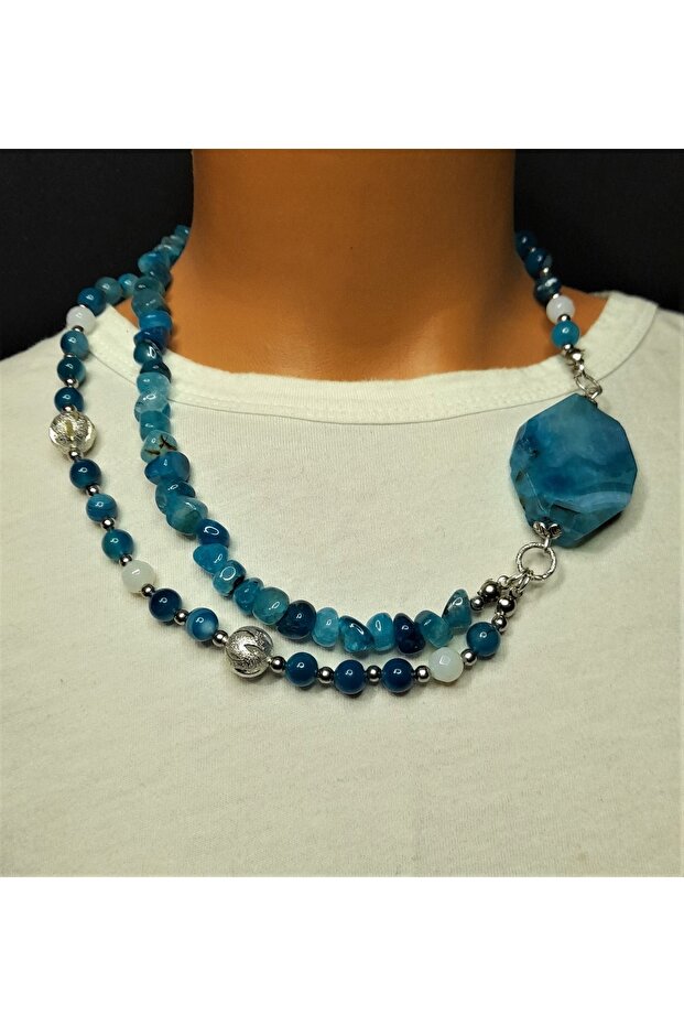 Two Rows of Blue Agate Evil Eye Protection and Self-Confidence Necklace