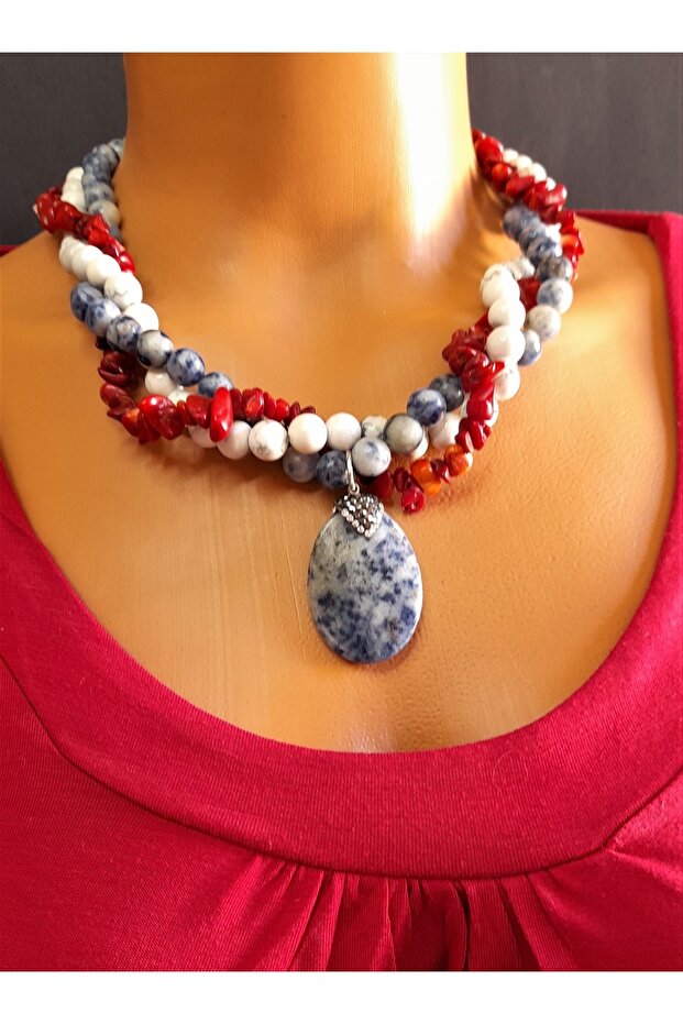 Sodalite Howlite Coral 3 Row Communication, Peace and Evil Eye Protection Necklace
