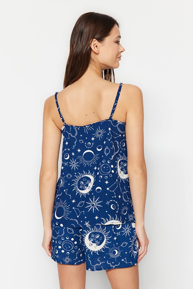 Indigo Galaksi Desenli İp Askılı Viskon Şortlu Dokuma Pijama Takımı THMSS23PT00006 - 7