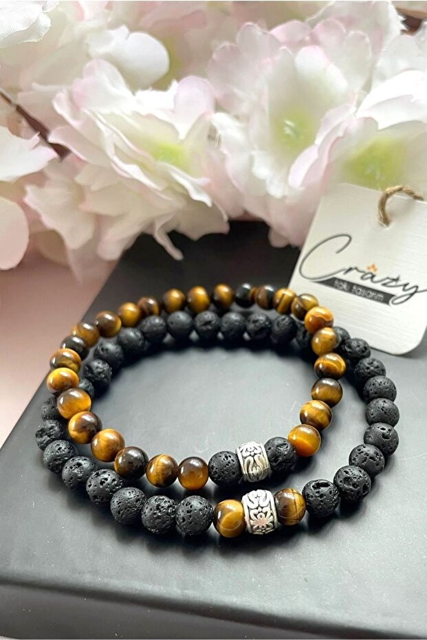 Tiger Eye & Lava Natural Stone Double Men's Bracelet