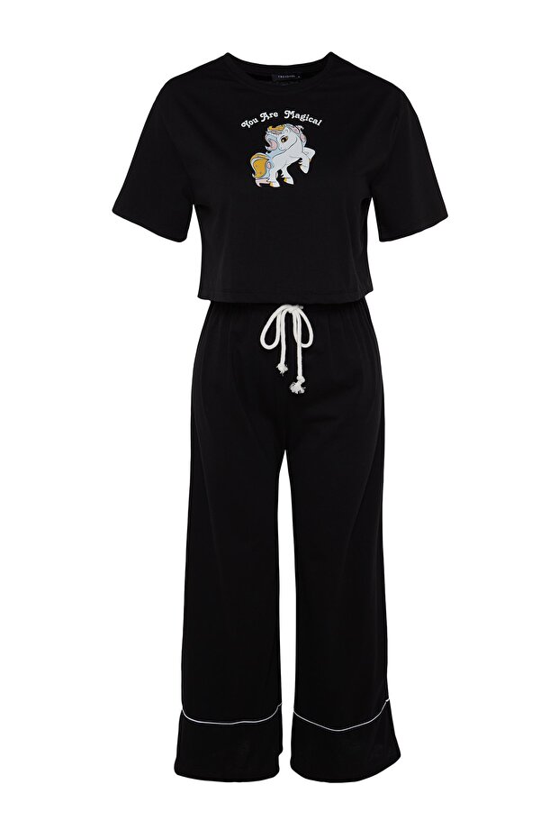 Siyah %100 Pamuklu Eğlence Baskılı Biye Detaylı Örme Pijama Takımı THMSS21PT0953 - 9