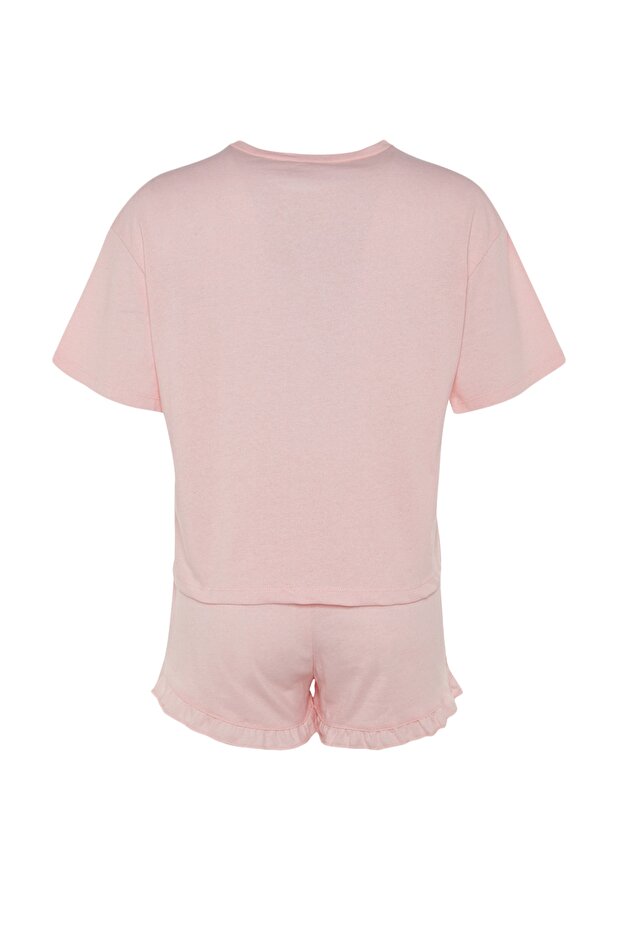 Pembe %100 Pamuklu Fırfırlı Baskılı Şortlu Örme Pijama Takımı THMSS22PT0422 - 9