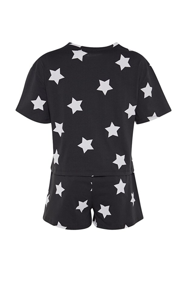 Çok Renkli %100 Pamuklu Yıldız Desenli Şortlu Örme Pijama Takımı THMSS22PT0501 - 8