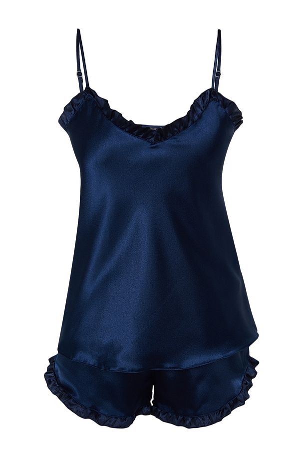 Lacivert Fırfırlı İp Askılı Saten Şortlu Dokuma Pijama Takımı THMSS22PT0274 - 6