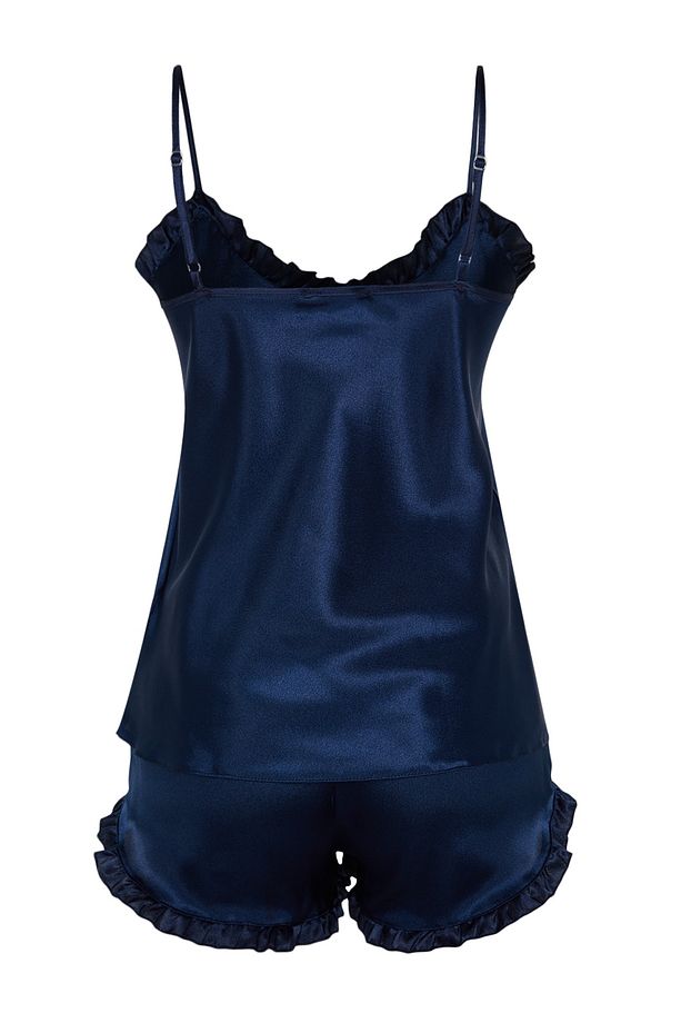 Lacivert Fırfırlı İp Askılı Saten Şortlu Dokuma Pijama Takımı THMSS22PT0274 - 8