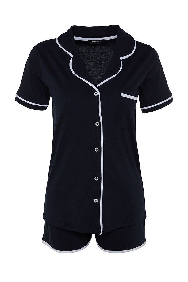 Lacivert %100 Pamuklu Biye Detaylı Şortlu Örme Pijama Takımı THMSS20PT0406 - 7