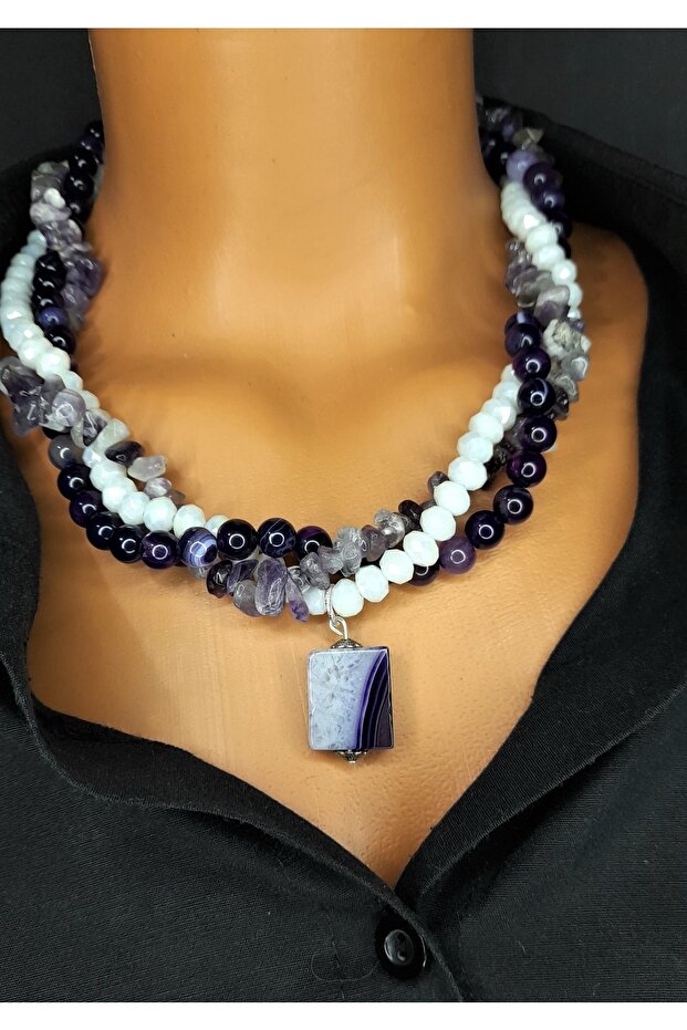 Amethyst Purple Agate White Crystal 3 Rows Strengthening Intuition and Wisdom Necklace