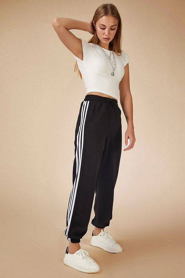 Kadın Oversize Bağcıklı Paça Lastikli Şeritli Siyah Eşofman Altı - 6