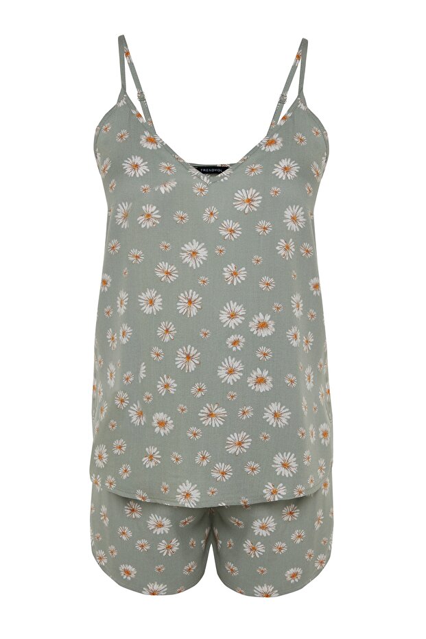 Açık Yeşil Çiçek Desenli İp Askılı Viskon Şortlu Dokuma Pijama Takımı THMSS23PT00006 - 8