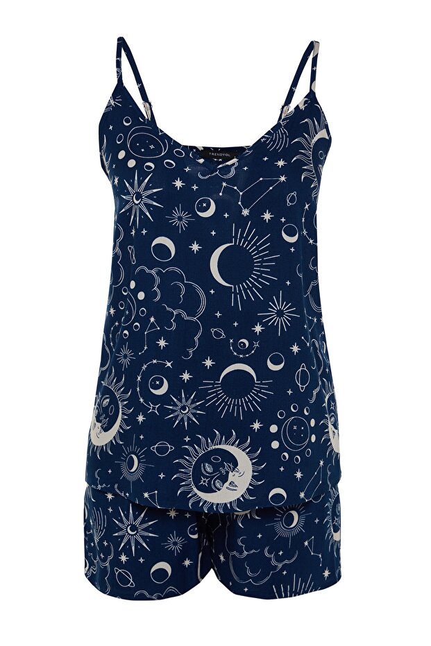 Indigo Galaksi Desenli İp Askılı Viskon Şortlu Dokuma Pijama Takımı THMSS23PT00006 - 8