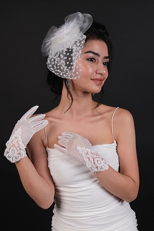 Danetel Detailed Bridal Gloves and Polka Dot Bridal Wedding Hat