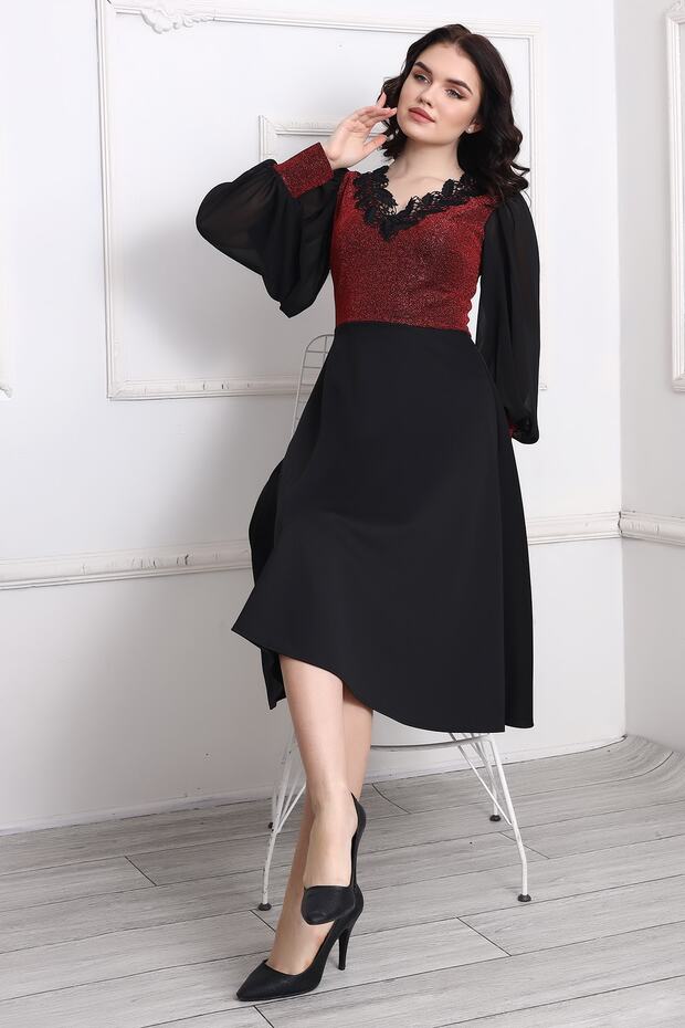 Şifon Kol Önü Simli Midi Elbise - 4