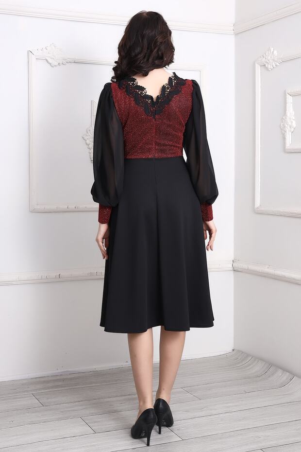 Şifon Kol Önü Simli Midi Elbise - 6