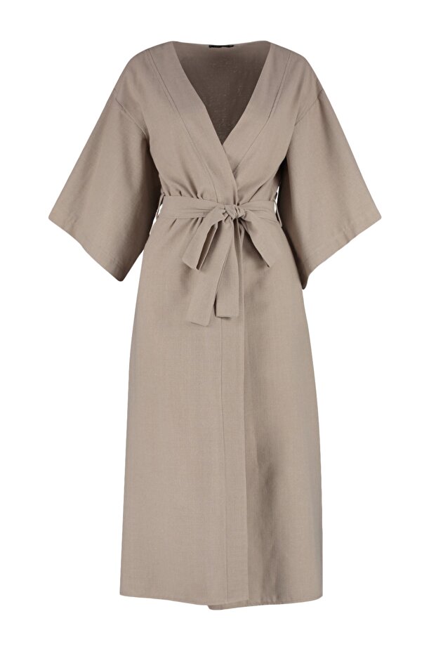 Bej Dokuma Maxi Plaj Kuşaklı Kimono&Kaftan TBESS23KM00058 - 6