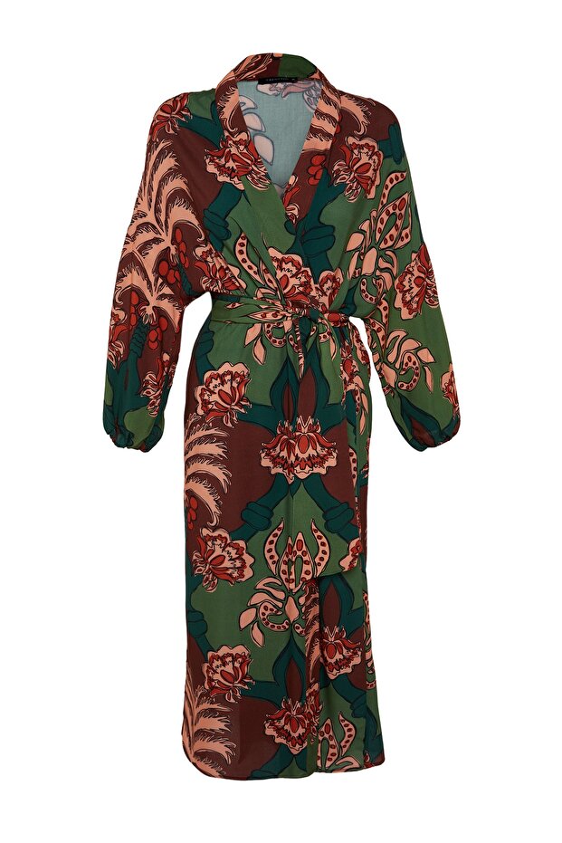 Tropikal Desenli Dokuma %100 Pamuk Maxi Plaj Kuşaklı Kimono&Kaftan TBESS23KM00057 - 7