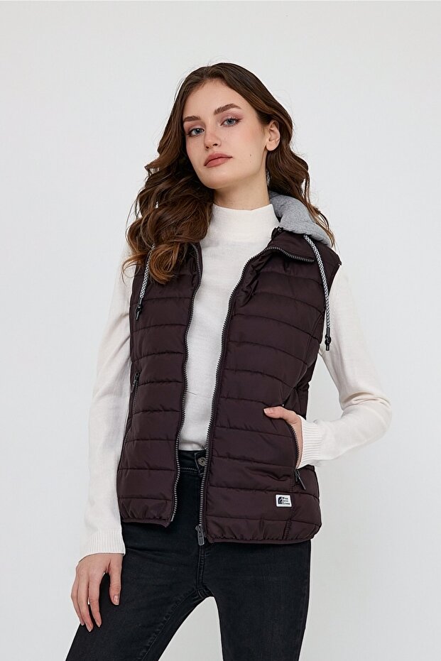 Women's Hooded Combed Cotton Lined Puffer Vest – Dark Claret Red
