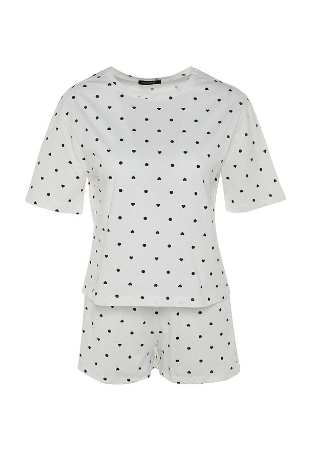 Beyaz %100 Pamuklu Puantiyeli ve Kalpli Şortlu Örme Pijama Takımı THMSS21PT1485 - 6