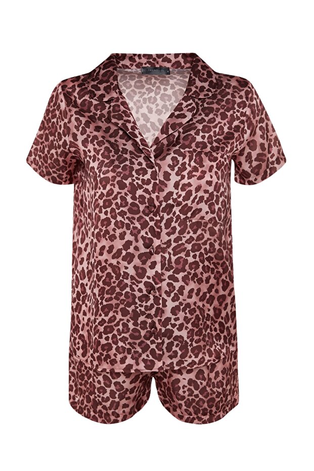 Pembe Leopar Desenli Saten Şortlu Dokuma Pijama Takımı THMSS20PT0158 - 7