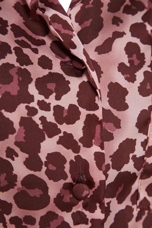 Pembe Leopar Desenli Saten Şortlu Dokuma Pijama Takımı THMSS20PT0158 - 8