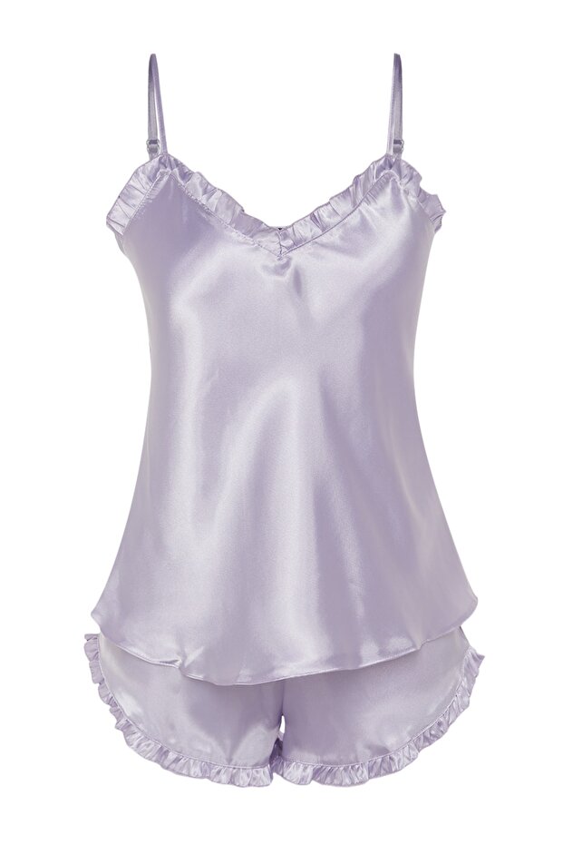 Lila Fırfırlı İp Askılı Saten Şortlu Dokuma Pijama Takımı THMSS22PT0274 - 7