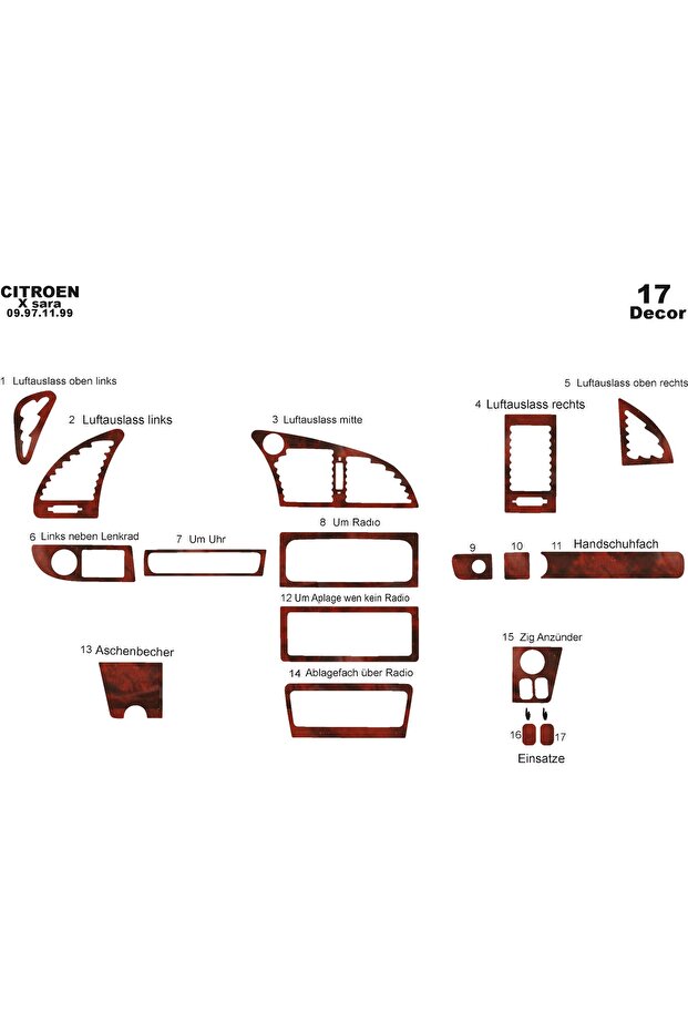 Meriç ® Citroen Xsara 1 Front Glove Box Trim Mahogany 17 Pieces 1997-1999