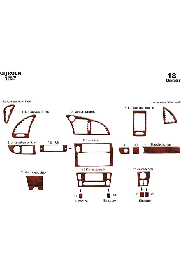 Meriç ® Citroen Xsara 2 Front Glove Box Trim Mahogany 18 Pieces 1999-2006
