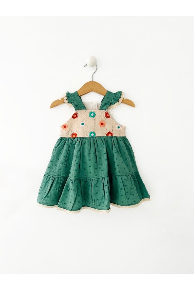 Girl's Floral Embroidered Scallop Detailed Cotton Lined Dress