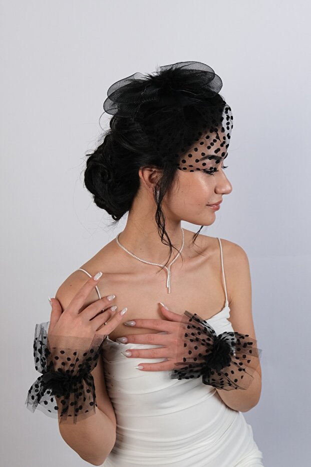 Black Polka Dot Bridal Cap and Short Polka Dot Stylish Bridal Gloves Set