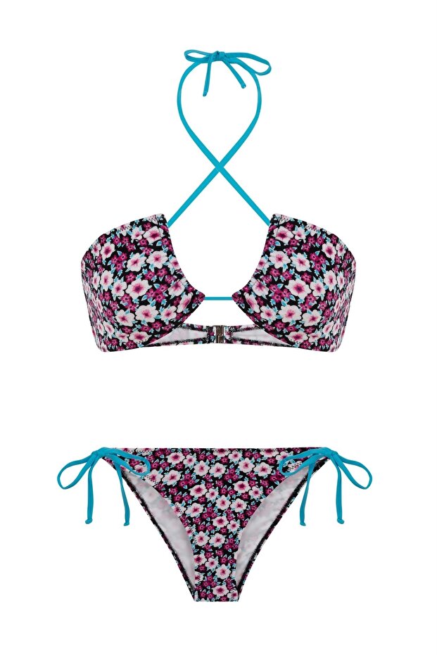 Halter Collar Patterned Bikini Set - 1