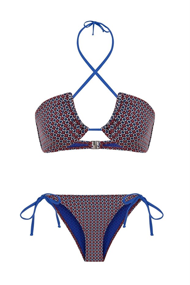 طقم بيكيني منقوش بياقة رسن - 1