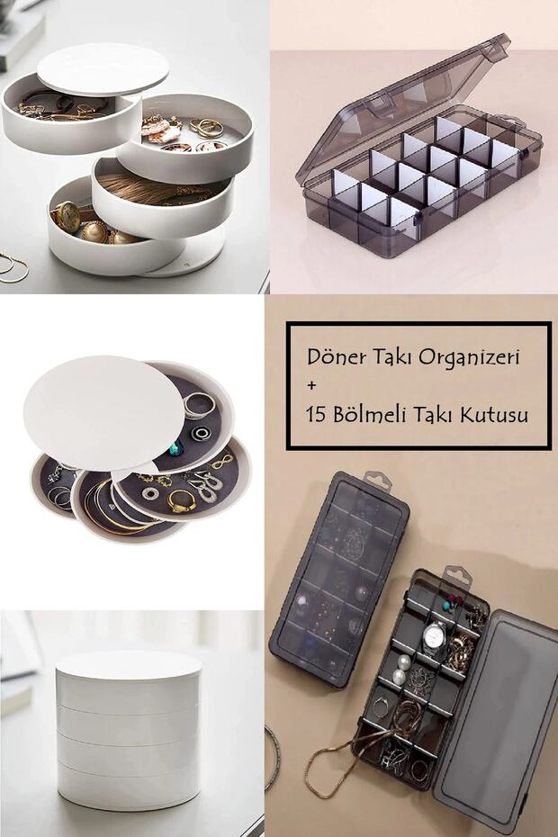 2'li Set 4 Katlı Döner Takı Organizeri 15 Bölmeli Takı Kutusu Organizer - 1
