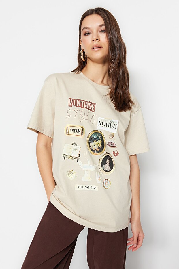 Taş %100 Kalın Pamuklu Baskılı Oversize Kalıp Bisiklet Yaka Örme T-Shirt TWOSS23TS00282 - 8