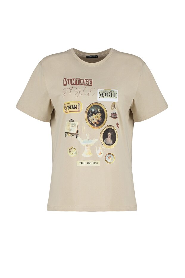 Taş %100 Kalın Pamuklu Baskılı Oversize Kalıp Bisiklet Yaka Örme T-Shirt TWOSS23TS00282 - 13