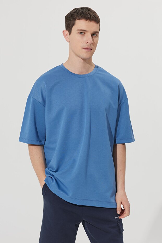 Men's Indigo Oversize Loose Cut Crew Neck Sweatshirt T-Shirt