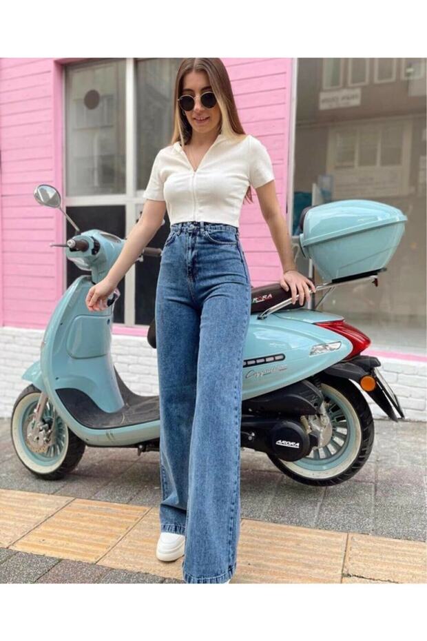 Franko 90's Blue Snow Wash Palazzo Jean Women's Wide Leg Colorfast Gathering Jeans