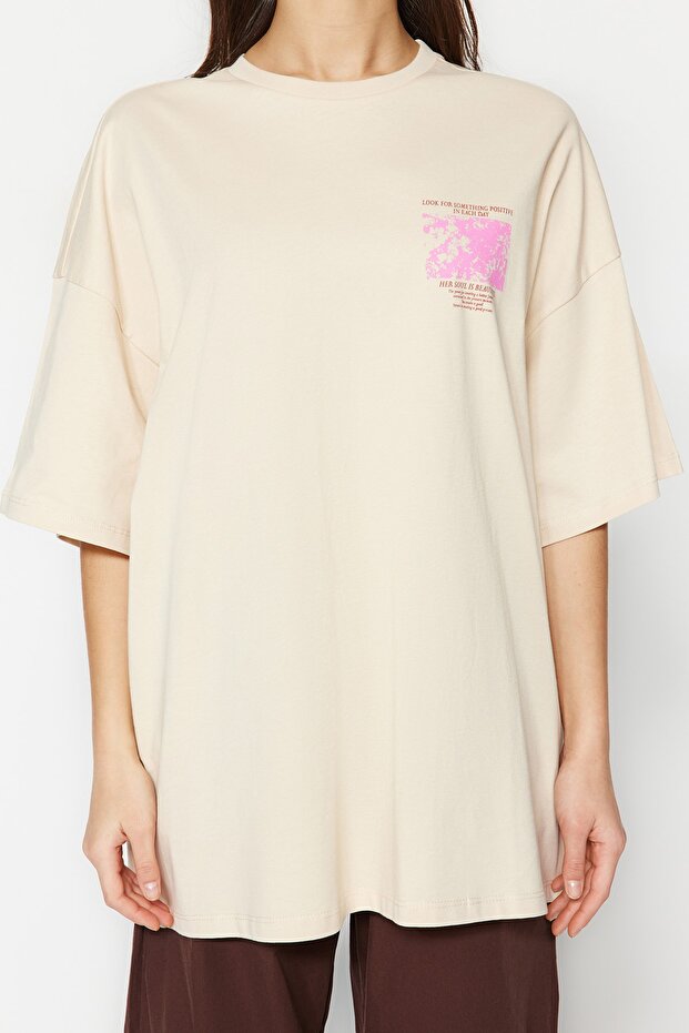 Taş %100 Kalın Pamuklu Ön ve Arka Baskılı Oversize/Geniş Kalıp Örme T-Shirt TWOSS23TS00269 - 8