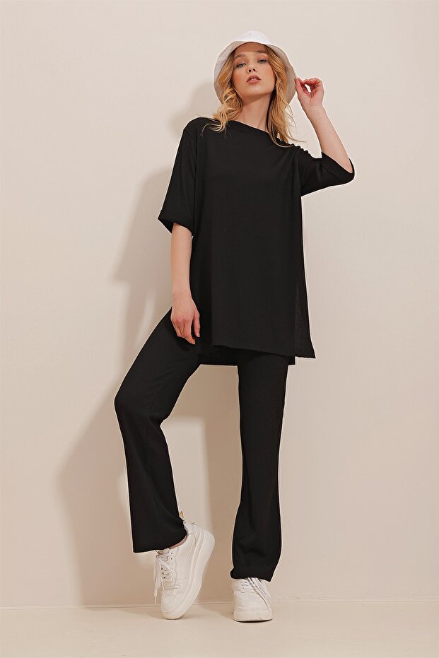 Women's Black Crew Neck Double Sleeve Side Slit Trousers Set ALC-X10015
