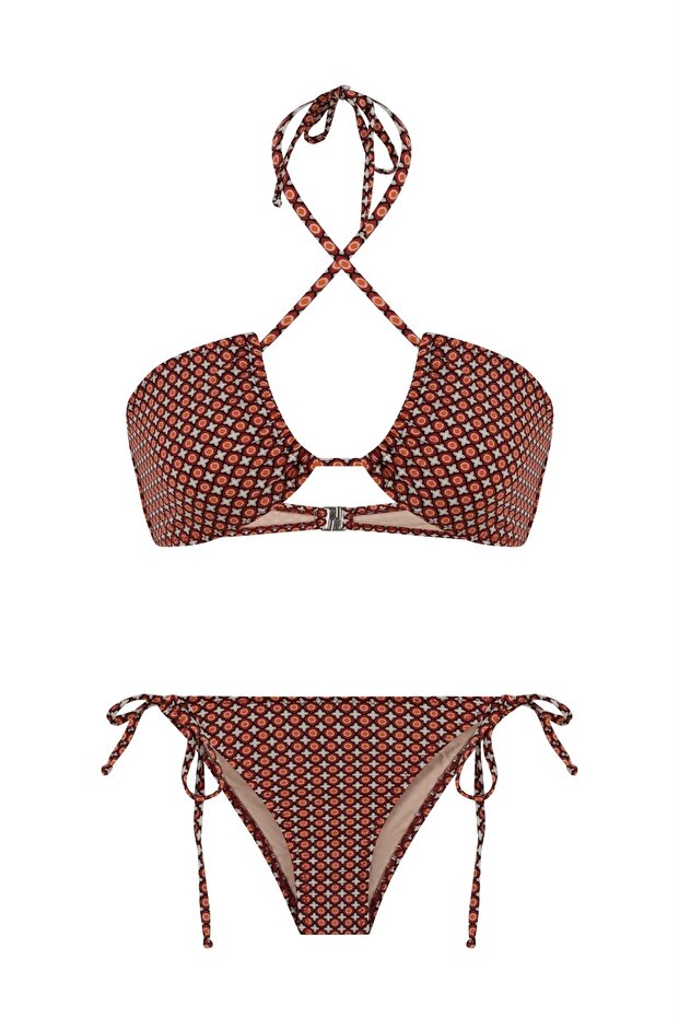 Halter Collar Patterned Bikini Set - 1