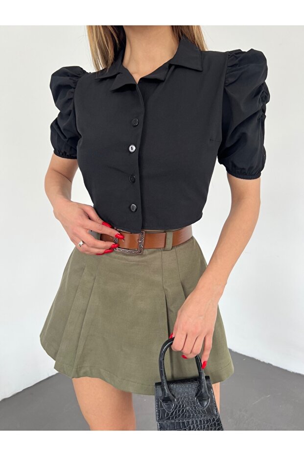 Women's Short Shorts with Belted Front and Skirt Detail Khaki
