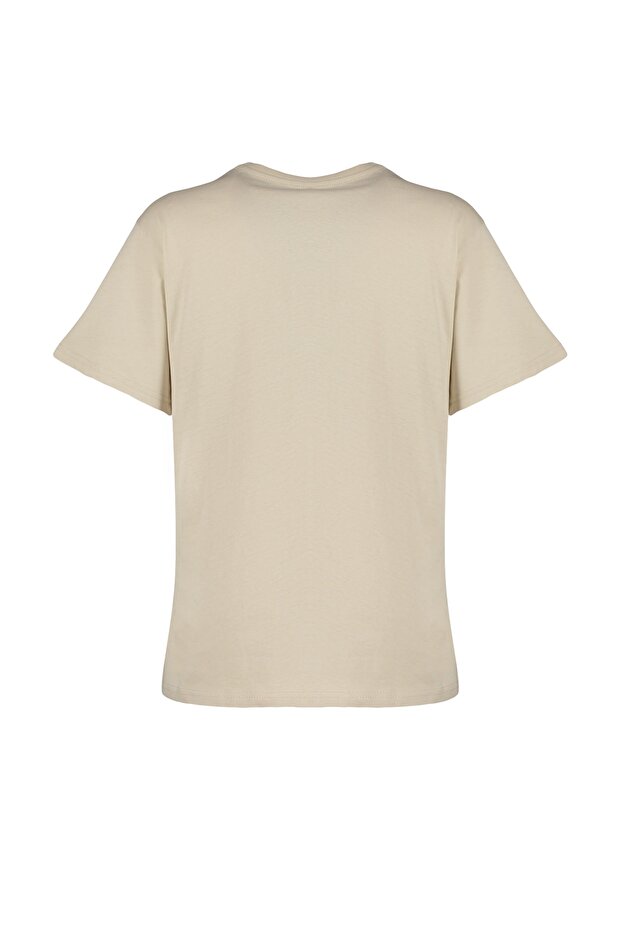 Taş %100 Kalın Pamuklu Baskılı Oversize Kalıp Bisiklet Yaka Örme T-Shirt TWOSS23TS00282 - 14