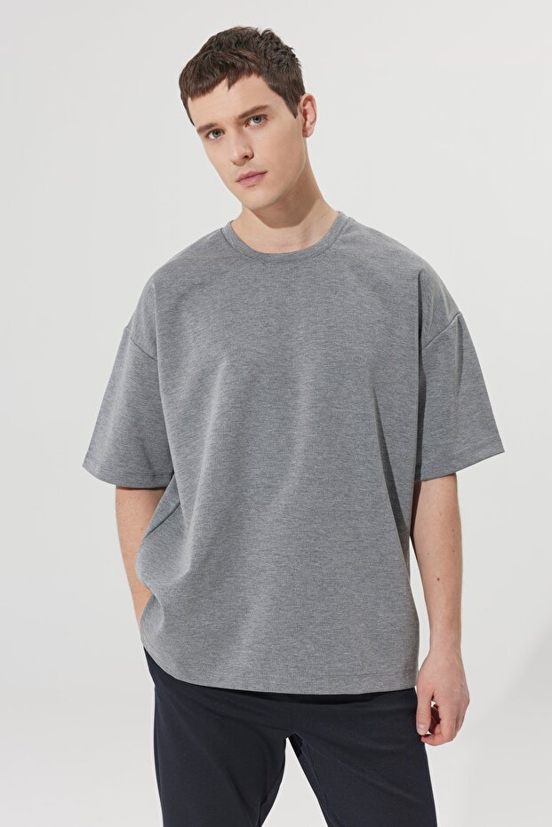Men's Gray Melange Oversize Loose Cut Crew Neck Sweatshirt T-Shirt