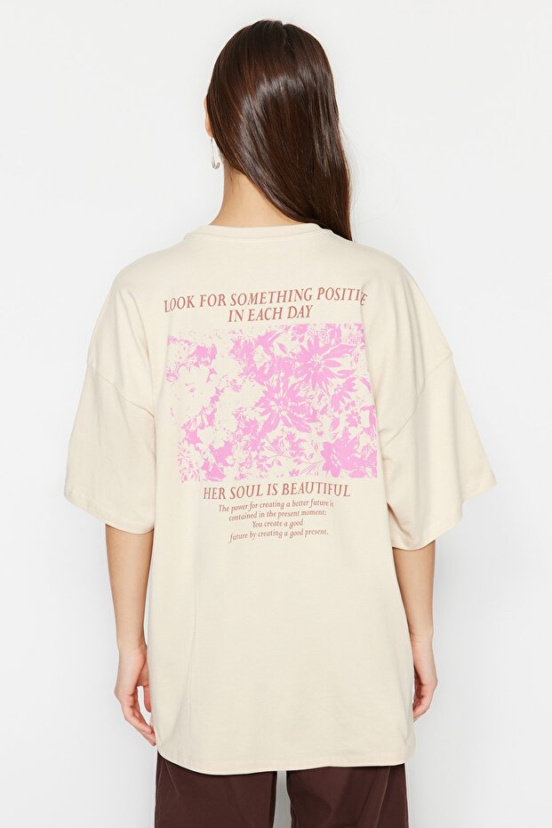 Taş %100 Kalın Pamuklu Ön ve Arka Baskılı Oversize/Geniş Kalıp Örme T-Shirt TWOSS23TS00269 - 12