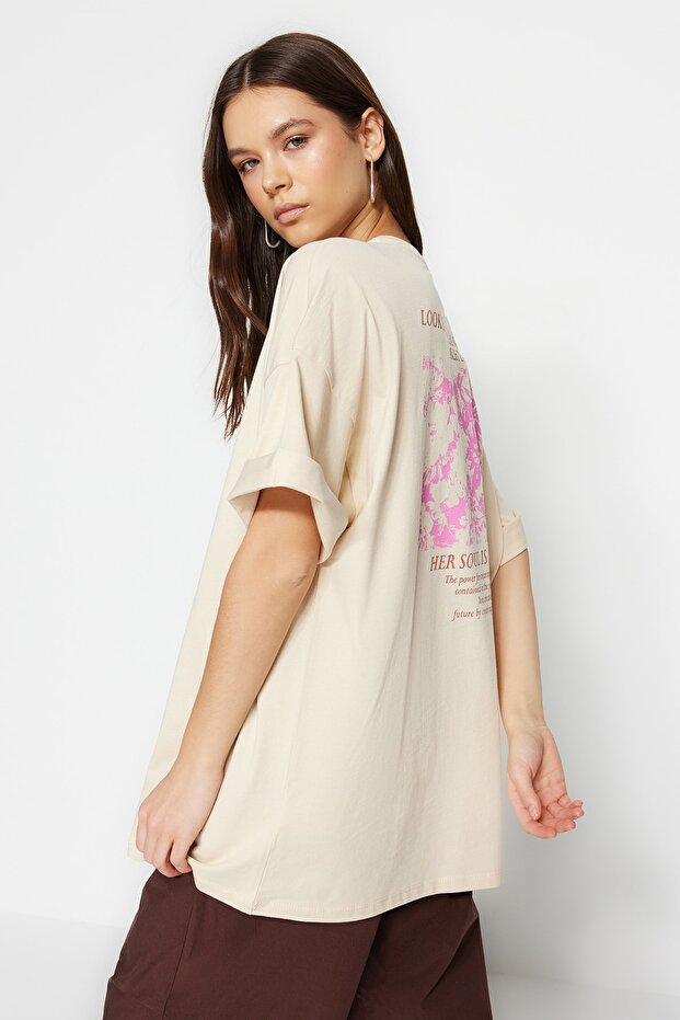 Taş %100 Kalın Pamuklu Ön ve Arka Baskılı Oversize/Geniş Kalıp Örme T-Shirt TWOSS23TS00269 - 7
