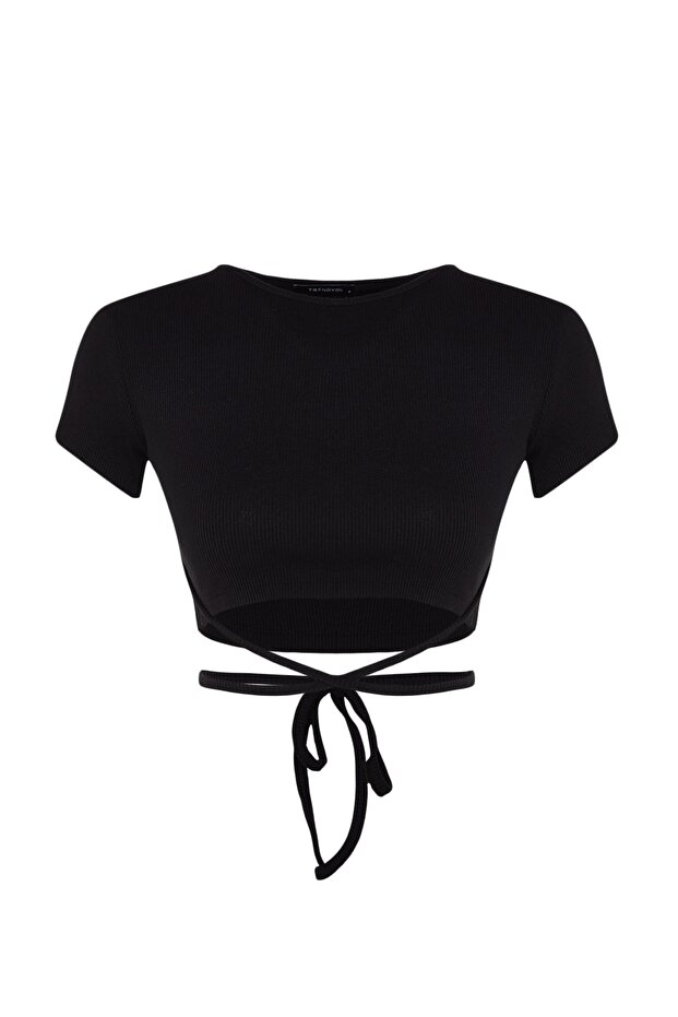 Siyah Bağlama Detaylı Crop Fitilli Pamuklu Örme Bluz THMSS22BZ1089 - 6