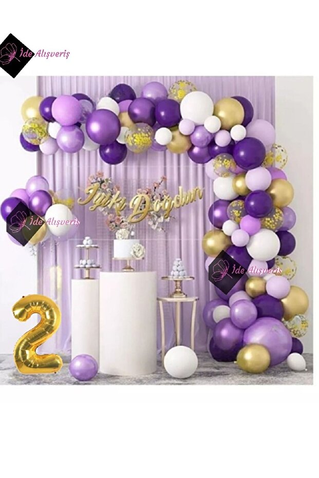 2 Years Macaron Purple Balloon Chain Set Shadow Purple Gold Balloon Decoration