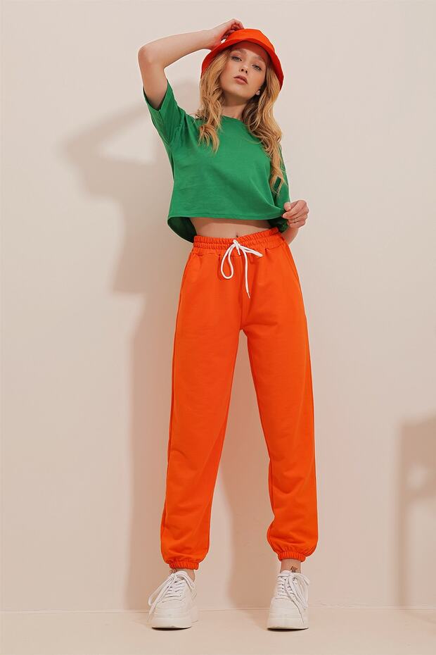 Orange Basic Sweatpants with Elastic Waist and Cuffs Alc-X5902