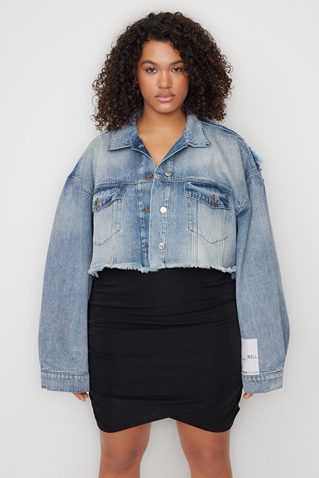 X Sagaza Studio Mavi Crop Denim Ceket TCLSS23CE00003 - 8