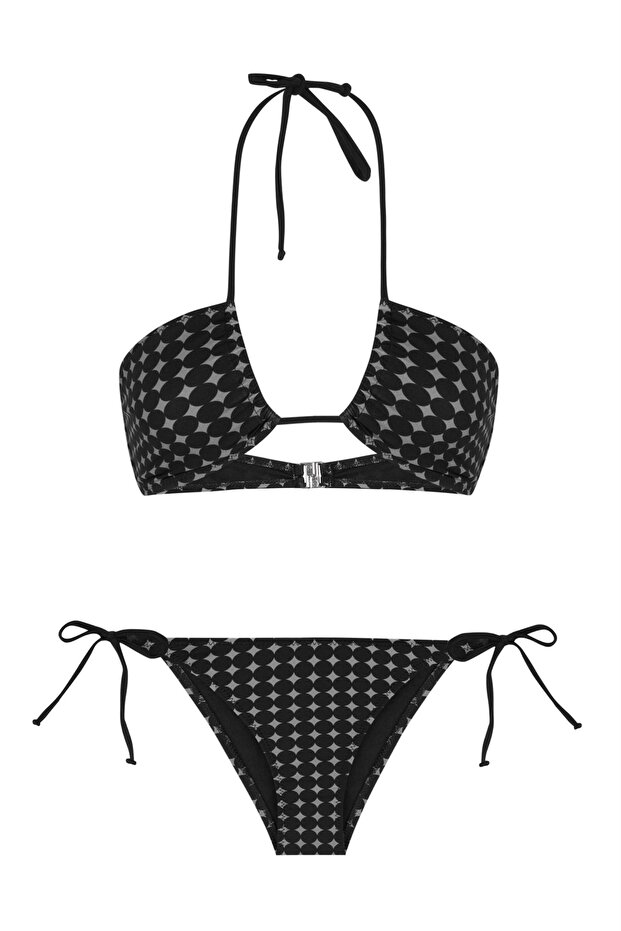 Halter Collar Patterned Bikini Set - 1