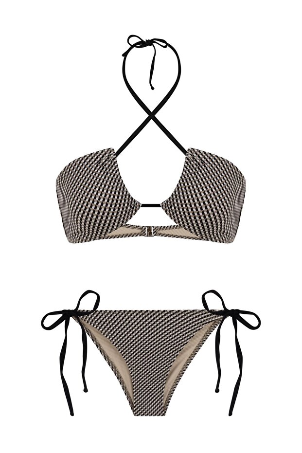 طقم بيكيني منقوش بياقة رسن - 1