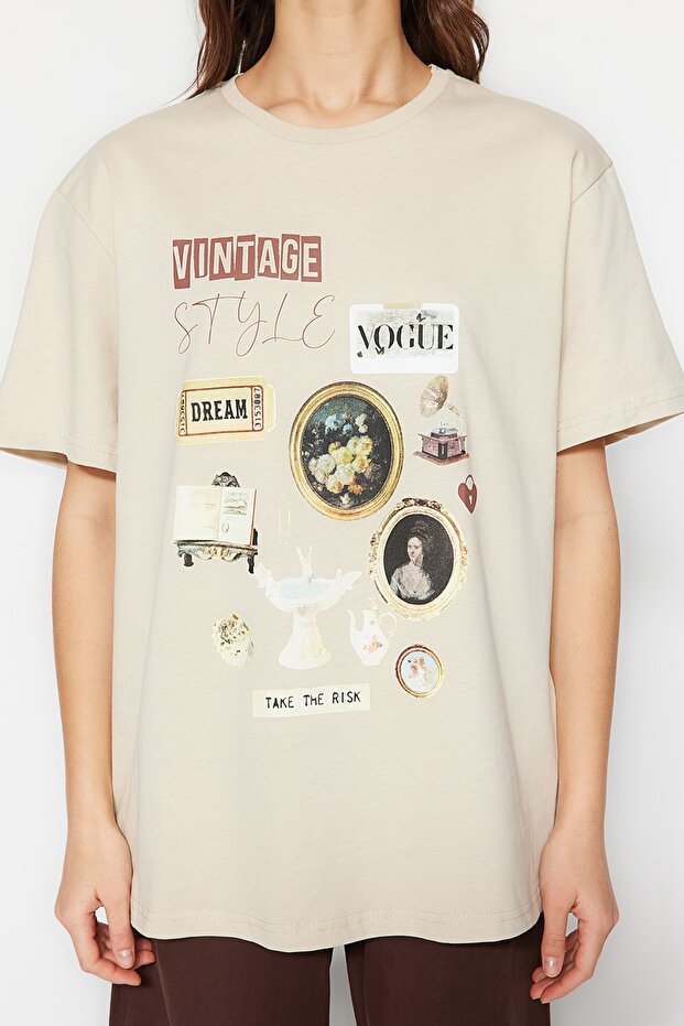 Taş %100 Kalın Pamuklu Baskılı Oversize Kalıp Bisiklet Yaka Örme T-Shirt TWOSS23TS00282 - 10